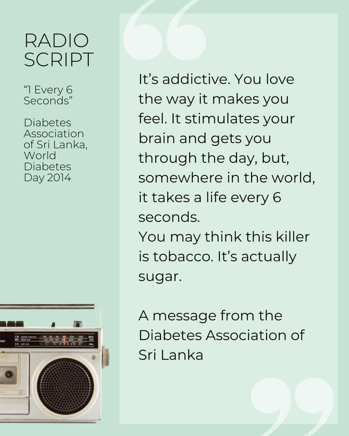 Radio Script (AOB): "1 Every 6 Seconds" - Diabetes Association of Sri Lanka, World Diabetes Day 2014