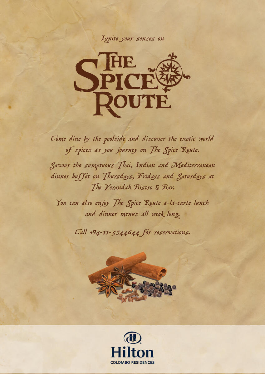 "The Spice Route" leaflet back - Hilton Colombo Residences, F&B Promo campaign featuring art piece made with real spices