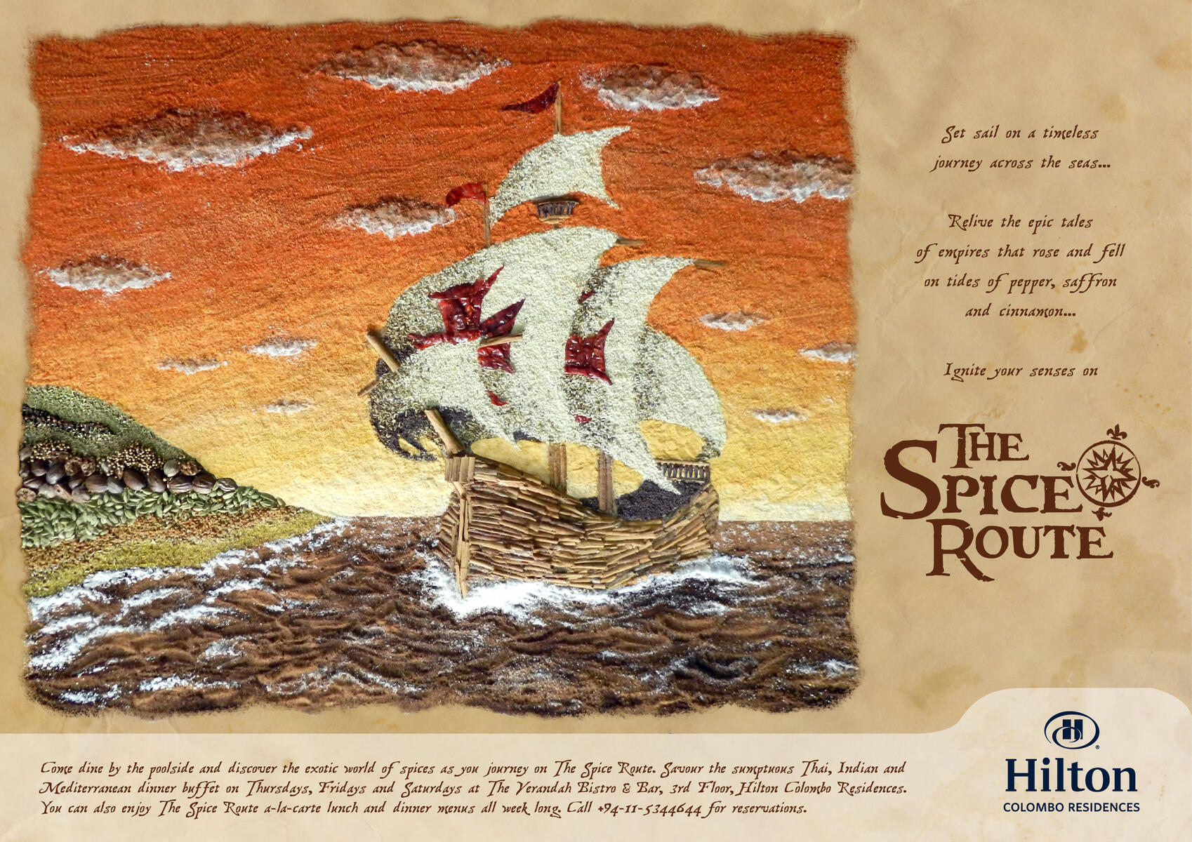 "The Spice Route" EDM - Hilton Colombo Residences, F&B Promo campaign featuring art piece made with real spices