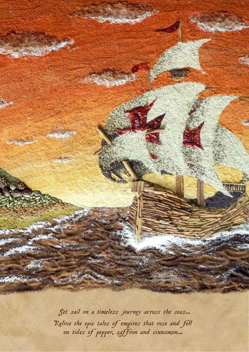 "The Spice Route" leaflet front - Hilton Colombo Residences, F&B Promo campaign featuring art piece made with real spices